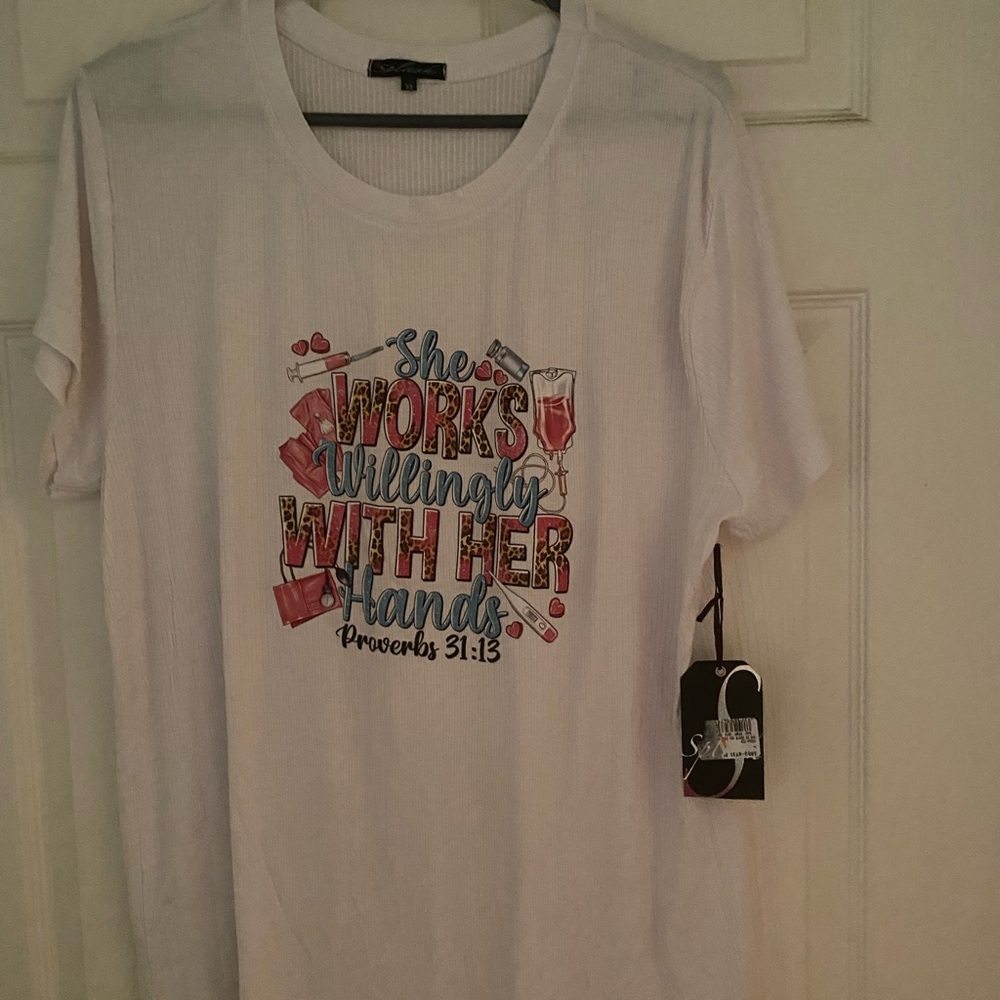 White Graphic T-Shirt with Proverbs 31:13 Nurses shirt